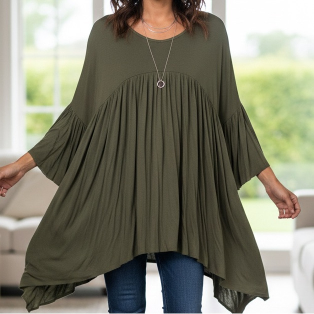 Kay’s Closet Olive Green‎ Pleated Babydoll Tunic Bell Sleeve Boho Made in USA L